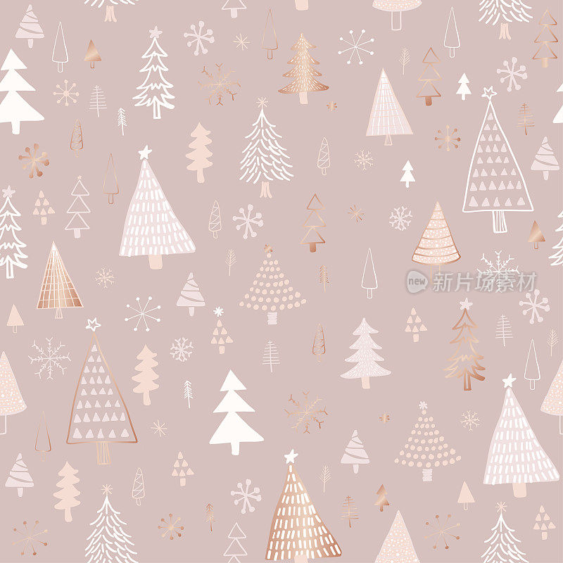 手绘圣诞/节日树图案。玫瑰金，米色，裸色圣诞树，无缝图案。森林的背景。用于织物、纺织品的幼稚纹理。